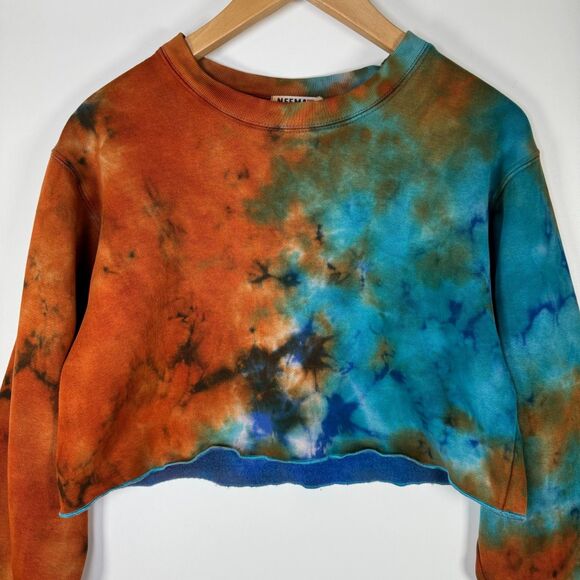 NEEMA California Sweatshirt Womens Small Cropped Tie Dye Orange Blue Pullover - Picture 2 of 11
